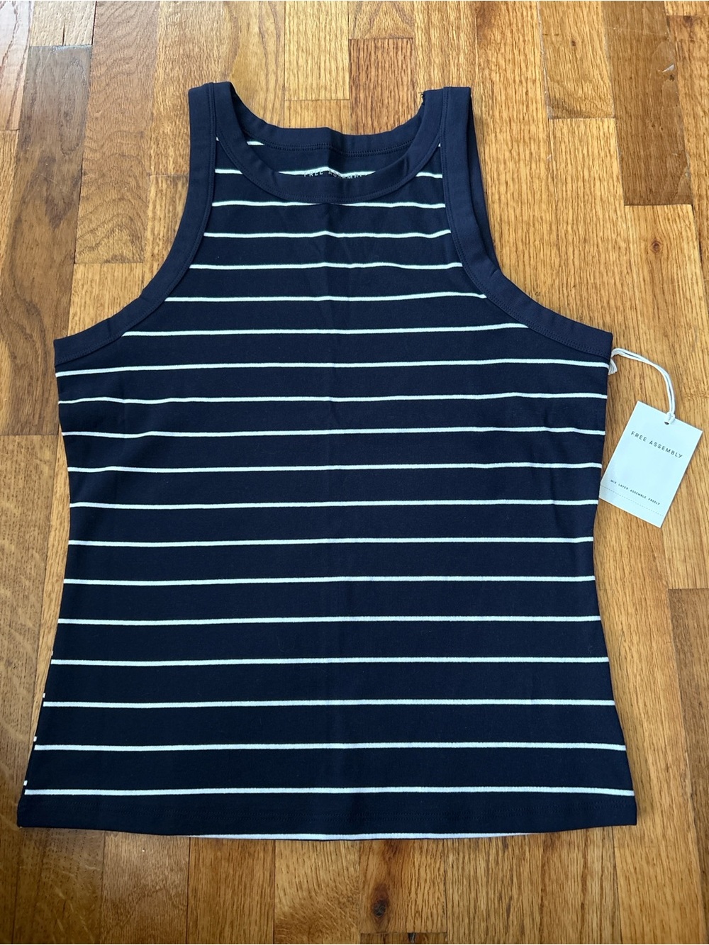 NWT Free Assembly Dark Navy Striped High Neck Tank Top Size Large